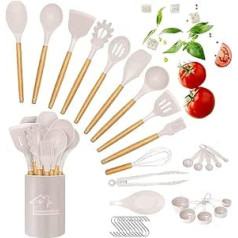 33 Pieces Silicone Cooking Utensils Set, Kitchen Utensils, Spatula Set with Holder, Wooden Handles, Heat Resistant, BPA Free and Non-Toxic, Best Kitchen Utensils for Cookware (Khaki)