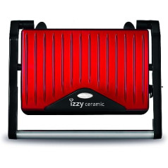 izzy Panini Grill Spicy Red Collection, Kontaktgrils, Sviestmaižu cepējs, Multi grils gaļai, zivīm, dārzeņiem, Keramikas šķīvji ideālai grilēšanai, 800 W, Kabeļa spole