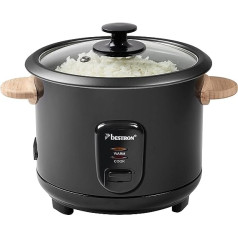 Bestron Rice Cooker with Wooden Handles for 4-6 People, Includes Measuring Cup & Rice Spoon, with Keep Warm, 1 Litre Capacity, 400 Watt, Black