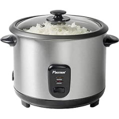 Bestron Large Rice Cooker for 8-10 People, Includes Steamer Attachment, Measuring Cup and Rice Spoon, with Non-Stick Coating and Indicator Light, Dishwasher Safe, 1.8 Litres, 700 W, Colour: Silver