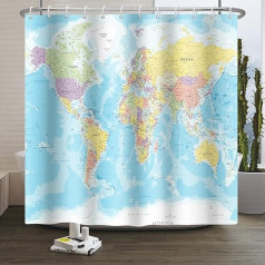 SDOTPMT 180 x 198 cm World Map Shower Curtain Countries and Cities Geography Bathroom Curtain Children's Educational Themed Blue Ocean Bath Curtain for Bathroom Decor with Hooks