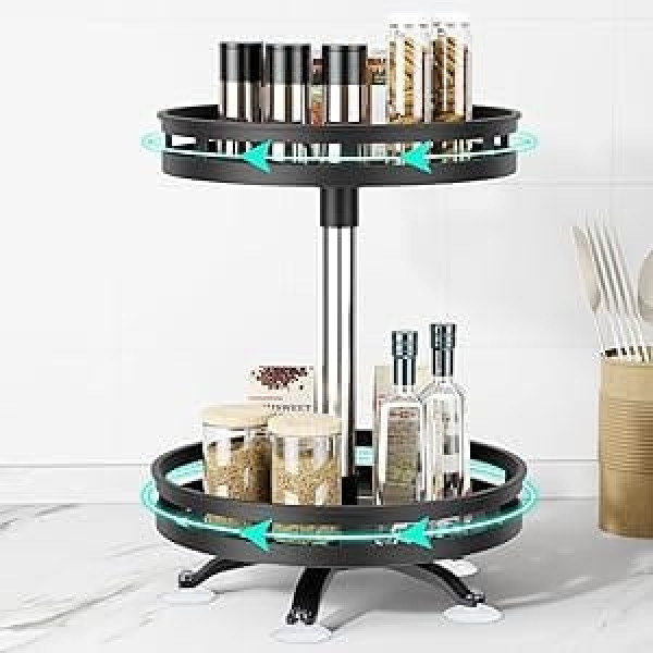 niffgaff Spice Rack Organizer Pagrieziena galds, kas rotē par 360° Lazy Susan Virtuves organizators Garšvielas Virtuves Ledusskapis Virtuves Darba virsma 26 cm + 24,5 cm 2 līmenis Melns