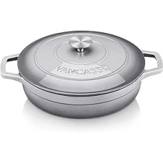 vancasso Round Cast Iron Casserole with Enamel Coating, Dutch Oven with Lid, 28 cm Diameter, Induction Braising Pan, 7 cm High Shallow Casserole, Large Roaster, Suitable for all Types of Hobs, Grey, 3 Litres