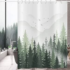 Hnmdmyi dušas aizkars, zaļš, 180 x 180 cm, miglains mežs, kalns, daba, koks, augs, mežs, dekoratīvs vannas aizkars, ūdensizturīgs poliestera audums, mazgājams vannas aizkars vannas istabai ar āķiem