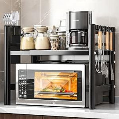 VIPNAJI 2 līmeņu izvēršams mikroviļņu plaukts, mikroviļņu plauktu organizators virtuve ar 6 āķiem, elastīgi izvelkams no 40-64 cm, daudzpakāpju virtuves plaukts, virtuves organizators, melns