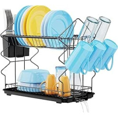AMZJMT Dish Drainer Black 2-Tier Dish Drainer Dish Drainer with Drip Trays Cutlery Holder Christmas Tree Shape Drainer Stainless Steel Dish Rack for Kitchen