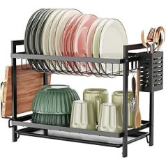 iSPECLE 2 Tier Dish Drainer with Removable Hook, Drip Trays, Cutlery Holder, Chopping Board Holder, Dish Rack for Kitchen, Black