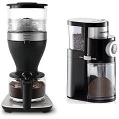 Philips filtrētais kafijas automāts — 1,25 l ietilpība, līdz 15 tasītēm, vārīšana un brūvēšana, melns/sudrabs (HD5416/60) un kafijas dzirnaviņas Rommelsbacher EKM 200, pupiņu tvertnes ietilpība 250 g, 110 W, melna