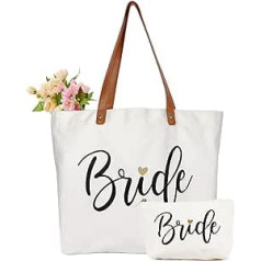 Lamyba Bride Tote Bag with Makeup Bag, Gifts for Engagement/Bridal Shower/Bachelorette/Wedding Party Canvas White, White