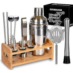 15-teiliges Cocktail-Shaker-Set, Cocktail-Set, 550 ml, Edelstahl, Barkeeper-Set, Barzubehör-Set mit Holzständer, Cocktail-Shaker-Geschenkset für Zuhause, Bar