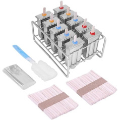 Ice Lolly Forma Nerūsējošā tērauda gluda, nepiedegoša saldējuma veidne Lolly Ice Lolly Ice Lolly veidne ar vāku Iepakojumā 100 koka nūjiņu turētājs 1 ota, 10 formas (apaļa galva)