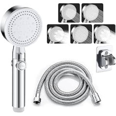 Multifunctional High Pressure Shower Head 5-in-1 Set, Water-Saving Shower Head with Hose, 1.5 m Hose and High Pressure Shower Holder (Silver)