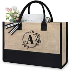 TOPDesign Personalised Initial Jute Canvas Beach Bag Monogram Gift Bag for Women, black / brown, 17