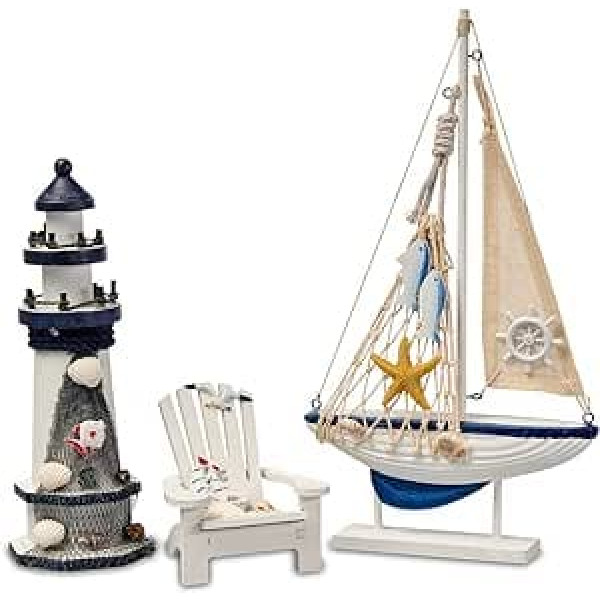 Flanacom Maritime Bathroom Decoration, Set of 3: Lighthouse, Sailing Ship and Beach Chair Made of Wood, Lovingly Designed Bathroom Accessories with Details