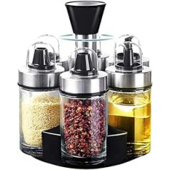 Mlici Spice Shaker 6 Pieces Spice Bottles with 360° Spice Rack, 100 ml Oil Container Vinegar Glass Bottle, Glass Salt and Pepper Shaker, Oil Dispenser Spice Jars for Kitchen Table