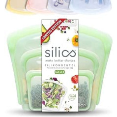 Silics® atkārtoti lietojami saldētavas maisiņi (3 komplektā) Kaļķi — silikona pārtikas maisiņi, var mazgāt trauku mazgājamā mašīnā, Sous Vide un mikroviļņu krāsnī