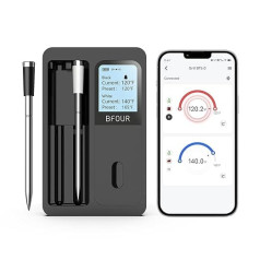 BFOUR Meat Thermometer Wireless with 2 Probes, Bluetooth Grill Thermometer with LCD Display, Rechargeable Battery, IP67 Waterproof, Roasting Thermometer for Smokers, BBQ, Oven