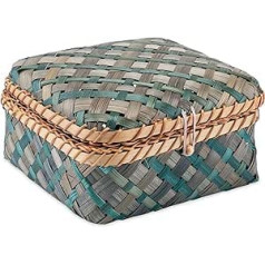 Decorasian Decorative Box Braided Bamboo with Lid Blue Green Size M