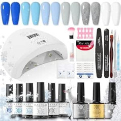 Rstyle UV Nail Polish Set with Lamp 48 W UV/LED, 9 Pieces Gel Nails Set Starter Set with Lamp Gel Nails Starter Set UV Gel Nail Polish Starter Set Gel Polish Nails Nail Studio Set Gift Set Blue Grey