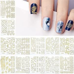 Niceneeded 12 Sheets 3D Gold Nail Stickers, Self-Adhesive Nail Art Stickers, Lines, Nail Striping Tape with Geometry and Floral Pattern for DIY Nail Decals