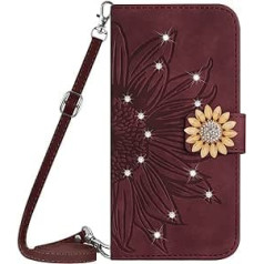 Vqwq Mobile Phone Case for Oppo F19 / Oppo A74 4G - 1.5M Lanyard Glitter Sunflower Protective Case for Oppo F19 / Oppo A74 4G Leather Case Card Slot Flip Case Magnet [HT04]-Redwine-T