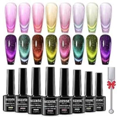 Mizhse Cat Eye UV gēla nagu laka 8 krāsās Chameleon Magnetic & Galaxy Shinning Glitter Cat Eye UV gēla nagu lakas komplekts Cateye Magnet Cat Eye Gel Diamond Holographic ar 1 magnētisko pildspalvu