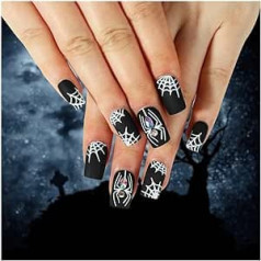 Maxtil Halloween Nails Набор из 24 шт., черный матовый цвет для Хэллоуина с бронёй, съемный лист для улучшения ногтей со стразами в виде паутины в виде б