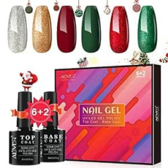 Hualijia Gel Nail Polish Set, 6+2 Pieces Soak Off Nail Polish Set with Shiny Top Coat and Base Coat, Red Green Nail Polish, UV LED Gel Polish, Home Nail Salon for Women Christmas