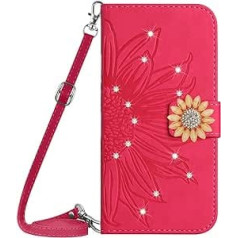 Vqwq Mobile Phone Case for Oppo A93S 5G - 1.5M Lanyard Glitter Sunflower Protective Case for Oppo A93S 5G Leather Case Card Slot Flip Case Magnet [HT04]-Hotred-T