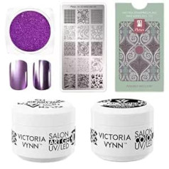 ‎Generic Moyra stamp plate Mini 101 Angels Wings, Art Gel 3D UV/LED 01 Creamy White 5ml, Art Gel 3D UV/LED 02 Black No Wipe 5ml, nail powder 19 Metallic Lilac - Exclusive nail design set for professionals