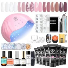 Modelones Polygel Starter Set with UV lamp 48 W Poly Gel Nails Set with 8 Colors and Slip Solution Base Top Coat Nude Pink Glitter Acrylic Nails Valentīndienas nagu želejai DIY