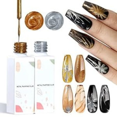 U-Shinein 2 Colours Metallic Nail Painting Gel, Golden Silver 3D Metal Gel, Line Art Gel Polish Liner Gel, Drawing Painting Gel Liner Pulling Need Cure Soak Off DIY Nail Art Manicure