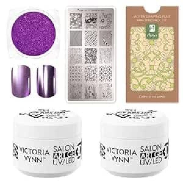 ‎Generic Exclusive Nail Art Set: Moyra Mini Stamping Plate 117, 2x Victoria Vynn Art Gel 3D in Cream White and Metallic Lilac Nail Pollen - Versatile Nail Art Bundle