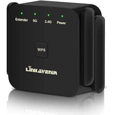 LINKAVENIR WLAN pastiprinātājs WLAN atkārtotājs, Dual WLAN Dual Band 1200 Mbit/s (867 MBit/s 5GHz + 300 MBit/s 2,4 GHz) ar 1 LAN portu 4 antenas WLAN pastiprinātāja režīms AP režīms saderīgs ar visām WLAN ierīcēm