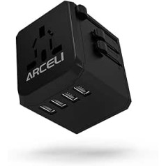 ARCELI Travel Plug Adapter Worldwide, Travel Adapter with 4 USB and 1 AC Socket for International Power Adapter for 250 Countries Including USA/UK/Canada/Great Britain/Thailand/Mexico/Australia