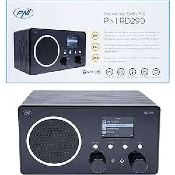 Interneta radio DAB un FM PNI RD290, izmantojot WiFi, analogais FM, Spotify Connect, APP Air Music Control, DLNA un UPnP, dubultā trauksme, AUX-In 3.5, Line-Out 3.5, krāsu ekrāns 2.4