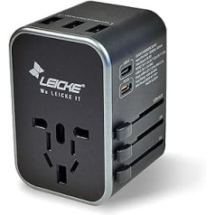 LEICKE universālais ceļojumu adapteris Starptautiskais ceļojumu spraudnis maiņstrāvas ligzdas adapteris 6.5A 3 USB A portiem un 2 tipa C vairāk nekā 224 valstīm ar ASV/ES/UK/AUS spraudņiem