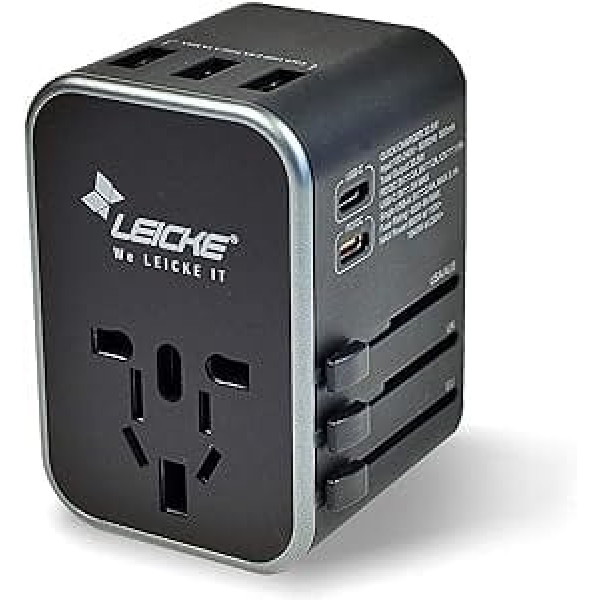 LEICKE universālais ceļojumu adapteris Starptautiskais ceļojumu spraudnis maiņstrāvas ligzdas adapteris 6.5A 3 USB A portiem un 2 tipa C vairāk nekā 224 valstīm ar ASV/ES/UK/AUS spraudņiem