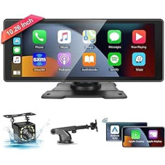 Podofo Wireless Apple Carplay portatīvais automašīnas radio ar ekrānu 10,26 collu bezvadu Android automašīnas Bluetooth/USB/SD/ekvalaizers FM raidītājs 12 LED atpakaļgaitas kameras spraudnis, spogulis, 7–32 V