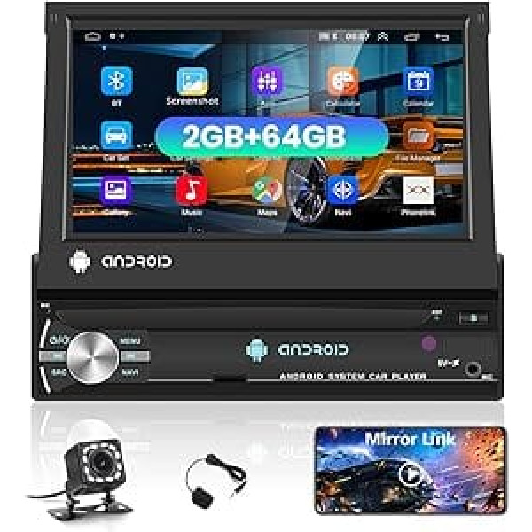 Android 2GB+32GB auto radio 1 DIN ar GPS navigāciju, WiFi, Bluetooth, FM-RDS radio, 17,8 cm/7 collu manuāli izvelkams skārienekrāns, MirrorLink, USB/AUX, stūres vadība, atpakaļgaitas kamera