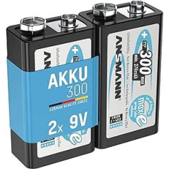 ANSMANN Akku 9V Block Tips 300mAh NiMH 2 Stück ar geringer Selbstentladung - Wiederaufladbare Batterien maxE mit Hoher Kapazität - 9 volt Batterie for Messgerät Multimeter Spielzeug Fernbedienung