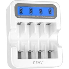 czvv Rechargeable AA AAA 4-Slot Lithium Battery Charger with LCD Display, Quick Charge Function, Overcharge Protection, Type C Input (White)