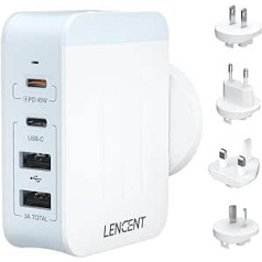 LENCENT universālais ceļojumu adapteris, 45 W vairāku USB lādētājs, starptautisks adapteris ar 2 PD tipa C + 2 USB pieslēgvietām, pasaules mēroga ceļojumu spraudnis A/C/G/I tipam (ASV/UK/ES/AUS) ligzdām, balts