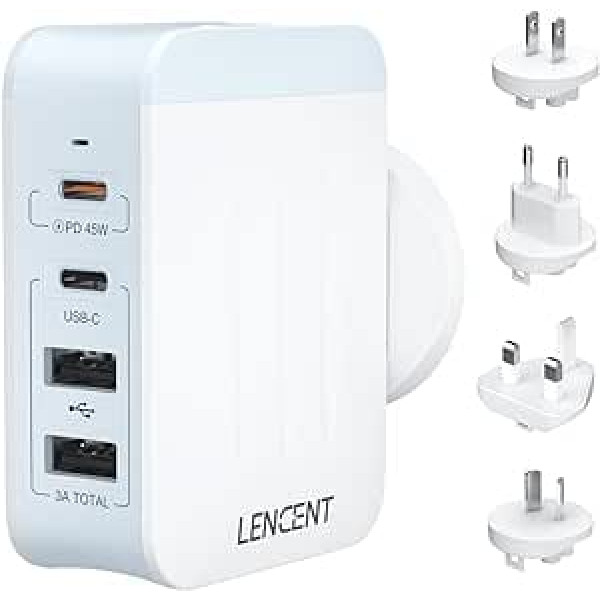 LENCENT universālais ceļojumu adapteris, 45 W vairāku USB lādētājs, starptautisks adapteris ar 2 PD tipa C + 2 USB pieslēgvietām, pasaules mēroga ceļojumu spraudnis A/C/G/I tipam (ASV/UK/ES/AUS) ligzdām, balts