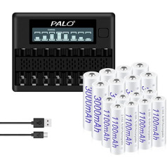 Battery Charger with AA AAA Battery - 8 AA 3000 mAh and 8 AAA 1100 mAh Rechargeable Batteries 1.2 V NiMH with 8 Compartments Intelligent LCD Battery Charger with Discharge