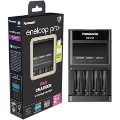 Panasonic eneloop Pro Charger with USB Output for 1-4 AA/AAA NI-MH Batteries, with USB Port, LCD Display, Refresher Function and 10 Safety Functions, Black