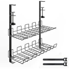 Cable duct desk, double level cable management, desk cable management with hooks for storing extension cables, suitable for home, office, Internet cafes, kitchen (black)