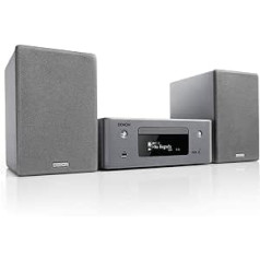 Denon CEOL N-10 kompaktā sistēma, HiFi pastiprinātājs, CD atskaņotājs, interneta radio, mūzikas straumēšana, HEOS multiroom, Bluetooth un WLAN, AirPlay 2, saderīgs ar Alexa, 2 optiskā TV ieejas ar pelēku skaļruni