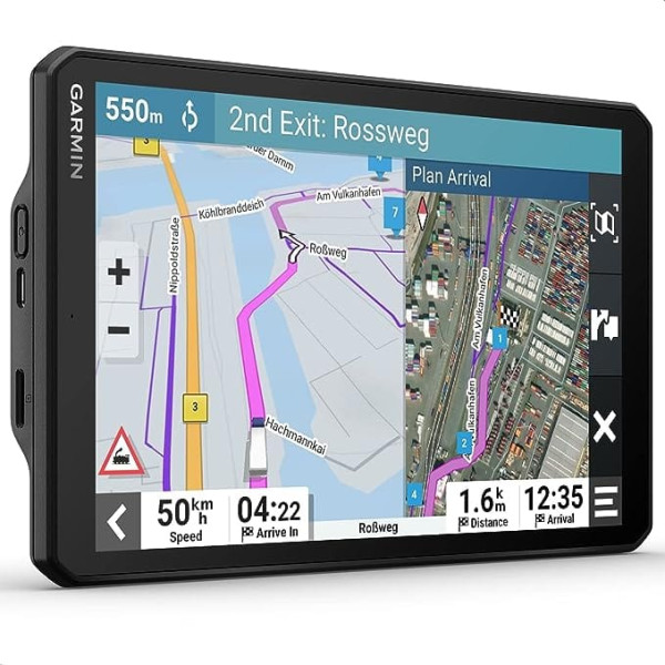 Garmin dēzl LGV 810 EU — kravas automašīnu navigācijas ierīce ar 8 collu (20,3 cm) krāsu displeju, iepriekš instalētām ES kartēm (46 valstis), transportlīdzeklim specifisku maršrutēšanu, reāllaika pakalpojumiem un mērķiem ar satelī