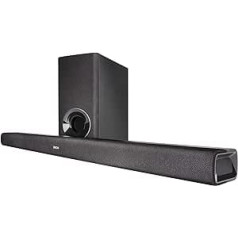 Denon DHT-S316 skaņu josla ar zemfrekvences skaļruni, Bluetooth skaņas josla telpiskās skaņas sistēmai, Dolby Digital, DTS dekodēšana, dialoga pastiprinātājs, HDMI ARC, stiprināma pie sienas, mūzikas straumēšana, iekļauts HDMI kabelis